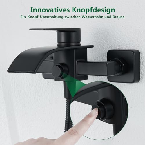 Kelleria Badewannenarmatur - Wasserfall Design Wasserhahn Badewanne, Messing Mischbatterie mit Druckschalter für Wanne und Dusche Einhebelmischer, Infache Montage Inkl Zubehö, Schwarz
