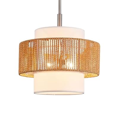 TELAFLY Rattan Drum Chandeliers Light Fixtures,Farmhouse 2 Light Boho Pendant Light Rustic Hand Woven Lighting for Dining Room Kitchen Island Living Room Bedroom,Brushed Nickel Finish Metal 12.5''