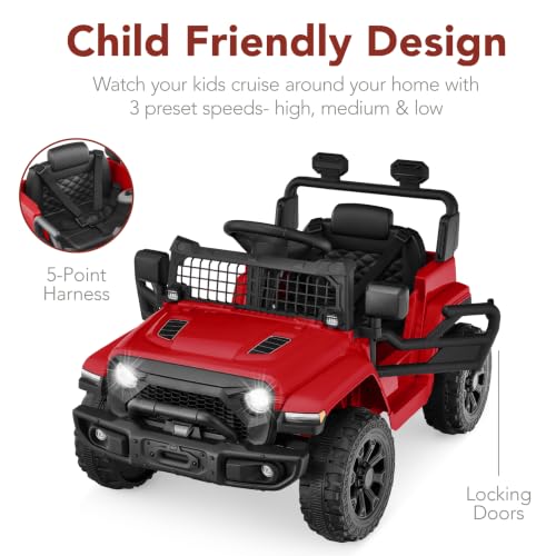 Image of Best Choice Products 12V Kids Ride On Truck Car w /Remote Control, Electric Ride On Car for Toddlers 3-5, Battery Powered Ride On Toy w /LED Lights, 4-Wheel Suspension, Safety Harness - Cherry Red