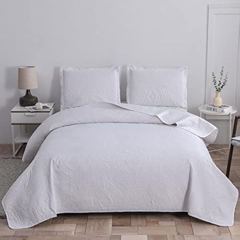 Oliven White Quilts Full/Queen Size Lightweight Microfiber Bedspraed Solid Color Quilt Set Ultra Soft Breathable Coverlet Floral Pattern Bedding with 2 Pillow Shams Cover