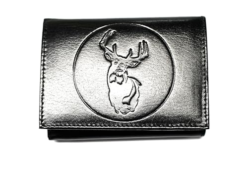 Deer Hunting Embossed Leather Trifold Wallet - Black RFID Safe