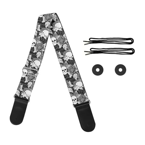 Snilety Skull Guitar Strap, Leather Ends Guitar Straps Retro Grey Rose for Bass, Electric & Acoustic Guitar Adjustable Shoulder Strap Cool Crossbody Cover