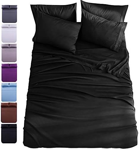 ShiluchengShilucheng Bed Sheet Set Microfiber 1800 Threads Egyptian Super Soft Sheets 16-Inch Deep Pocket - Hypoallergenic - 6 Piece (Black, King)