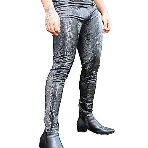 LESOYA Men's Snakeskin Printed PU Leather Trousers Slim Fit Leggings Skinny Long Pants