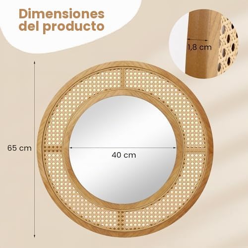 FANTASK Espejo de Pared Redondo de ratán, diámetro 65 cm, Espejo Decorativo con Marco de Madera, Cristal de Aluminio y Ganchos, Espejo Decorativo para Pared