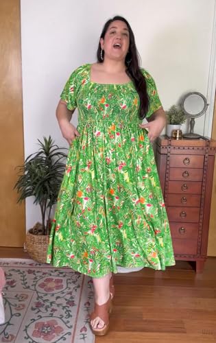 Image of RITERA Plus Size Dresses for Curvy Women Square Neck Short Sleeve Summer Floral Smocked Maxi Dress with Pocket XL-5XL