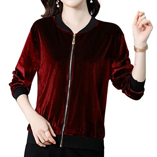 Xunger Women’s Full Zip Velvet Bomber Jacket V Neck Long Sleeve Solid Color Fall Coat Outwear Velvet Sweatshirt