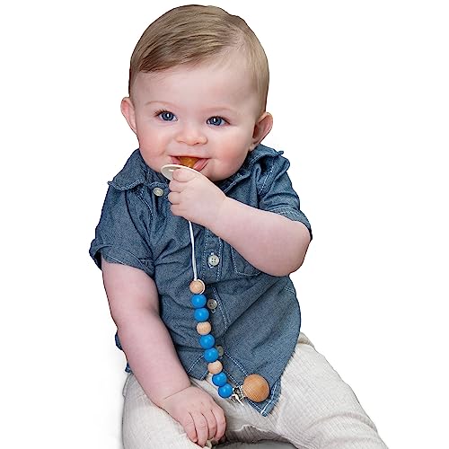 Image of Pacifier Clip Made with Silicone Beads and Secured with Wood Clip. 1 Piece Design. BPA-Free. Chewable. 9 inch Long. Keeps Pacifiers and teethers securely Fastened. (Navy)