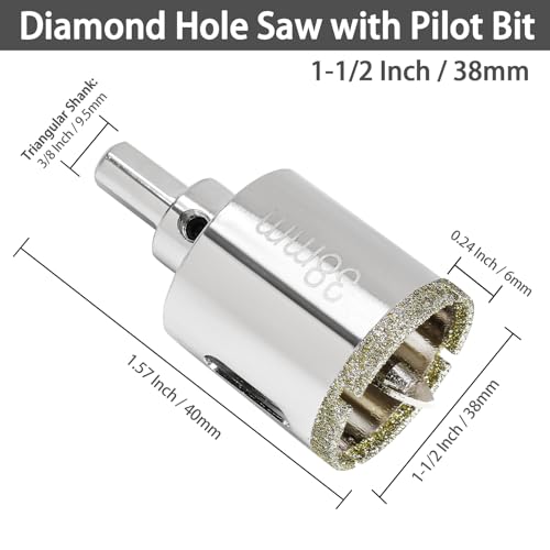 Image of 1-1 /2 Inch Diamond Hole Saw with Pilot Drill Bit | 40mm Cutting Depth, 3 /8 Triangular Shank, Nickel-Plated Carbon Steel, Chip Removal Holes, for Glass Tile Marble Granite