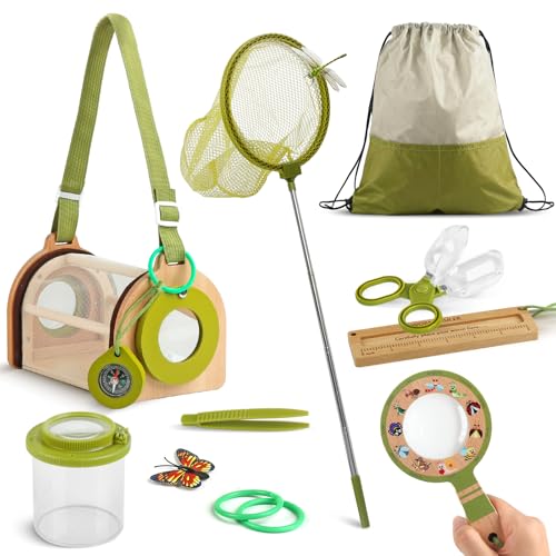 Insektenfang-Set aus Holz für Kinder 3 bis 12 Jahren– 11-teiliges Outdoor-Entdecker-Set mit Tragetasche, Schmetterlingsnetz und weiteren Abenteuer-Accessoires für Garten, Terrasse und Camping