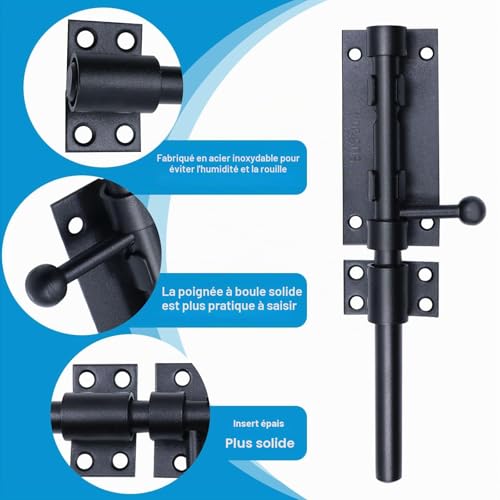 Chuanhylis Noire Targette de Porte, Inoxydable Targette, Verrou Porte Interieure avec 8 Vis pour Portail de Jardin, FenêTres, Cabanon (8 Pouces) – vue 3