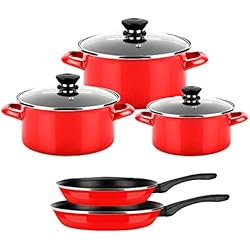 Cazuelas Induccion Fagor Fagor Optimax Batería Cocina Inducción 8 Piezas Set 3 Cazuelas 18-20-24 cm, 3 Tapas Cristal, 2 Sartenes 20-24 cm Acero Esmaltado, Antiadherente sin PFOA, Vitrocerámica, Gas, Horno, Rojo