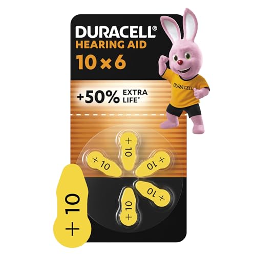 Duracell pilas para audífonos tamaño 10 (paquete de 6) +50 % extra duración, fácil instalación, embalaje 100 % reciclable, 4 años de vida útil garantizada en su envase
