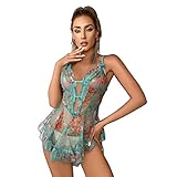 KELITCH Frauen Dessous Nachtwäsche Cross Strap Erotische Chemise Floral Muster Light Pyjamas (Grün)