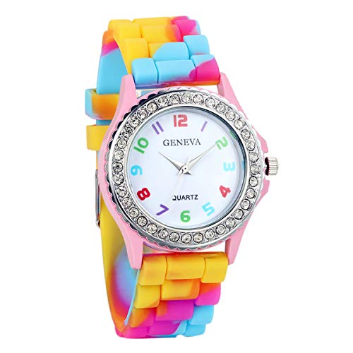 Ibohevo Silicone Colorful Band Watch: Women Men Rainbow Rhinestone Cute Jelly ACrystal Multicolor nalog Quartz Wristwatch