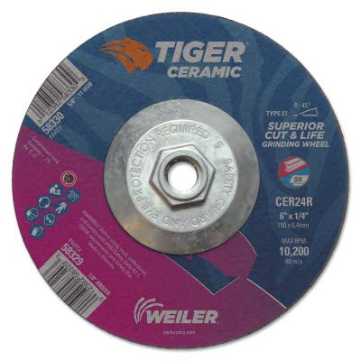 Weiler Tiger Ceramic Grinding Wheel - 24 Grit - 7 in Diameter - 5/8 in - 11 Hub Center Hole - 1/4 in Thick - 58330 [PRICE is per WHEEL]