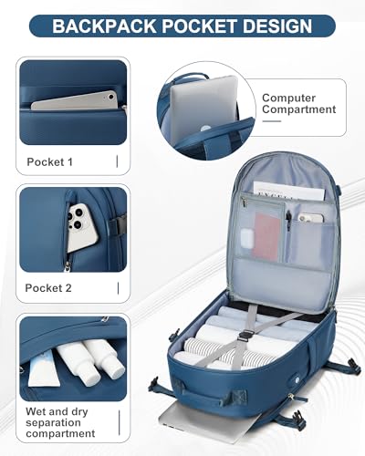 Large Travel Backpack for Women Men Waterproof Luggage Utility Backpack with USB Charging Port & Shoe Pouch Airline Approved Personal Item Travel Bag Mochila de Viaje(Blue)4