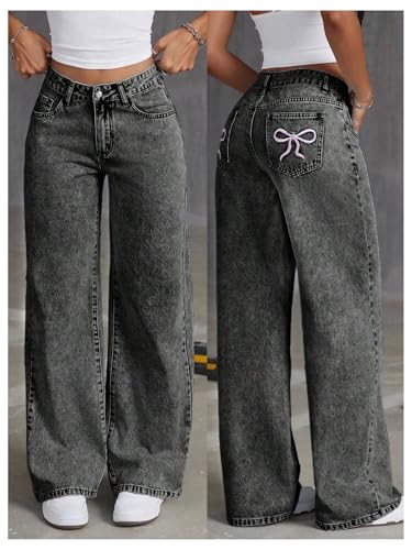 Womens Bowknot Embroidery Y2k Bow Jeans High Waisted Straight Denim Pants Basic Wide Leg Jeans3