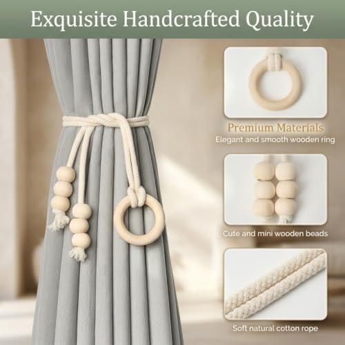 Image of HASTHIP 2 Pack Cotton Rope Curtain Tiebacks Boho Handwoven Holdbacks | Handwoven boho cotton rope curtain tiebacks with wood ring for living room bedroom window decor