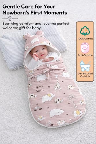 Image of VoiDrop Baby Swaddle Wrap for Newborn 0 to 9 Months, Baby Sleeping Bag for new Born with Hood, Cotton Swaddle for All Season (Animal Print-Pink)