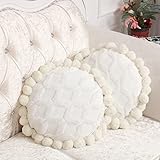 Tranqun 2 Pcs Boho Throw Pillows Cover 15.7 Inch Round Bohemian Decorative Pillow Covers Throw Pillow Cover Hand Tufted with Textured Pom Poms Cushion for Couch Sofa Bed Yoga (Beige White)