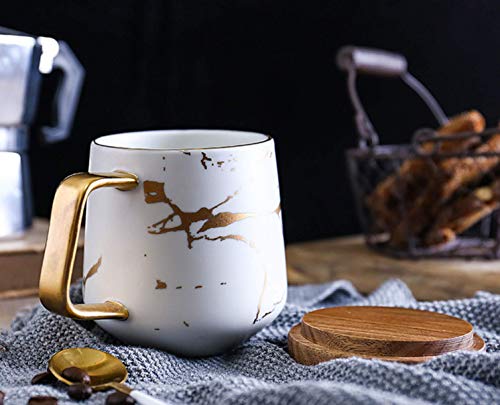 YBK Tech Taza de té de porcelana para té de la tarde – diseño de mármol (blanco, alto 400 ml + tapa de bambú) - Imagen 4