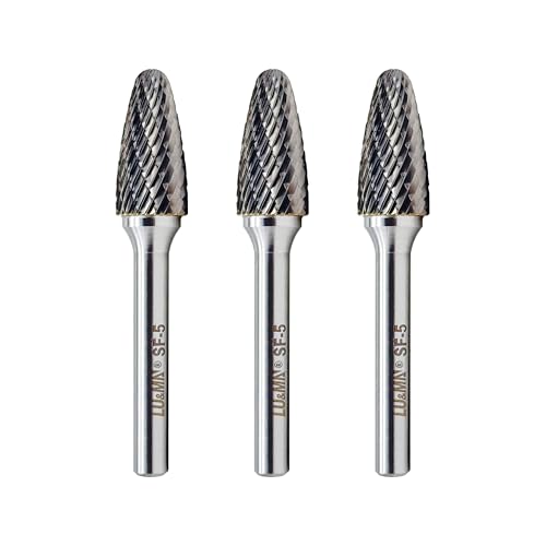 LU&MN SF-5 Tungsten Carbide Burr Tree Shape Radius End Double Cut Rotary Burr File (1/2” Cutter Dia X 1”Cutter Length) with 1/4'' Shank, 3PCS