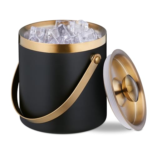 Relaxdays Cubitera Acero Inoxidable, Tapa, Doble Pared, Cubo Hielo con Asa, 1,5 l, Cubeta Botellas, Negro/Dorado