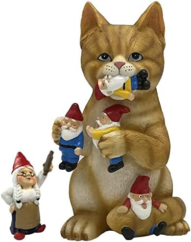 by Mark & Margot - Mischievous Cat Garden Gnome Statue Figurine - Best Art Décor for Indoor Outdoor Home Or Office (Orange)