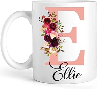 EKAM Personalised Floral Mug Stylish Initial with Name, Customised Gift for Valentines Day, Birthday, Christmas Day for Mom, Dad, Kids, Friends or Girls, 11oz Ceramic Coffee/Tea Cup (Rose Gold)