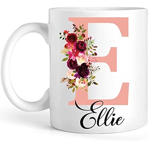 EKAM Personalised Floral Mug Stylish Initial with Name, Customised Gift for Valentine’s Day, Birthday, Christmas Day for Mom, Dad, Kids, Friends or Girls, 11oz Ceramic Coffee/Tea Cup (Rose Gold) Cover