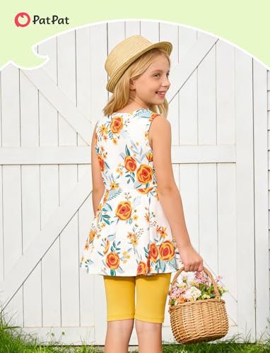 Image of PATPAT Girls Summer 2 Piece Outfits 4-12Y Butterfly Bow Sleeveless Tunic Tops and Floral Print Shorts Cute Clothes