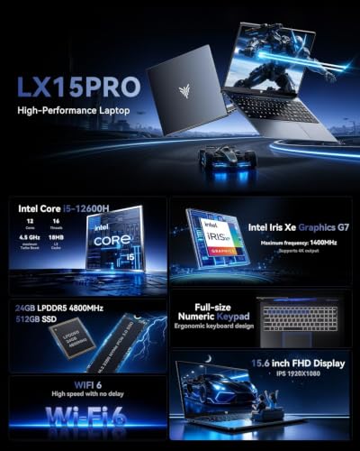 Image of KAIGERR 2026 Laptop, 24GB DDR5 512GB SSD Intel Core i5 (Up to 4.5GHZ) | 15.6 inch Laptop Computer, 24GB LPDDR5 (2 * 12GB, Dual Channel) 12C /16T, Windows 11, WiFi 6, Type-C USB-3.2 Webcam 3.5mm