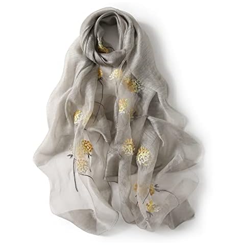 Jeelow Silk Wool Fashion Scarf Shawl Wrap Lightweight Sheer For Women Floral Embroidery Wedding Party Prom, Grey Flower, One Size Cover