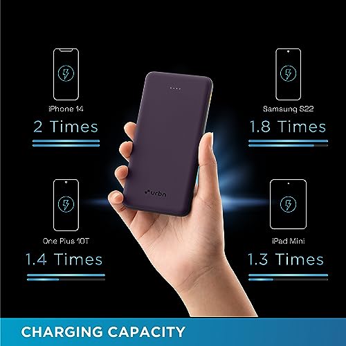 Image of URBN Power Bank 10,000mAh Ultra Slim | Dual Port Type C Input /Output | BIS Certified | 4-Layer Circuit Protection | 6-Month Replacement Warranty | Made in India | Free Type C Cable - Purple
