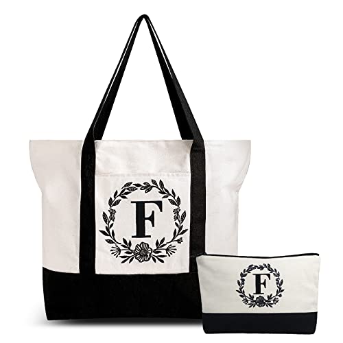 BeeGreen Initial Canvas Tote Bag for Women Monogrammed Christmas Gifts for Women Girls Personalized Gifts for Women Birthday Unique With Zipper Pocket Embroidery Cosmetic Bag F