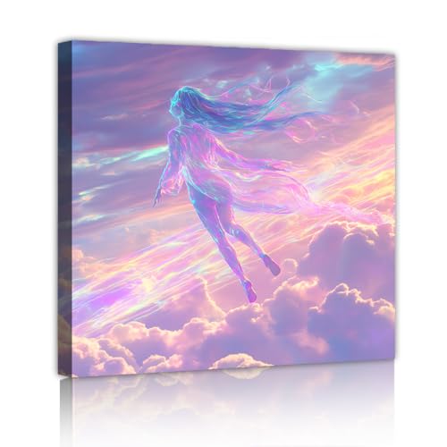 Toile femme flottante nuages YUNART, œuvre poétique fantastique pour décoration de chambre
