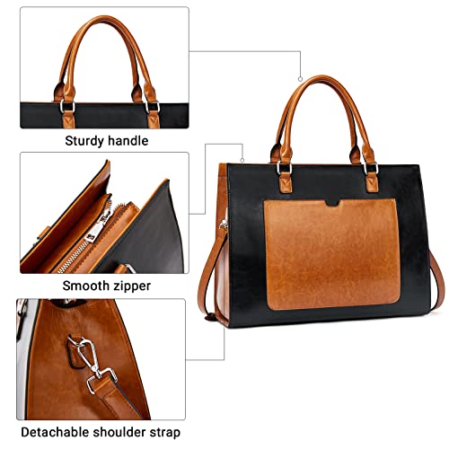 BROMEN Womens Briefcase Leather 15.6 inch Laptop Shoulder Bag Business Tote Handbag Black with Brown
