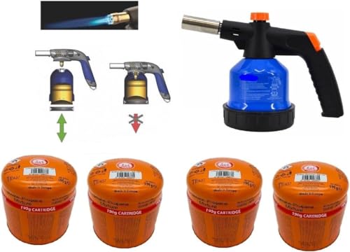 SMH LINE® Quemador de Gas Con 4 Cartuchos de 190 g, Soplete de Soldadura, Llama Ajustable, Encendido Piezoeléctrico