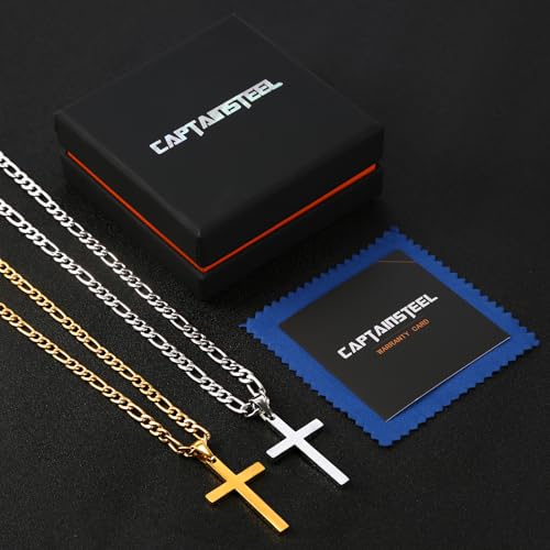 Image of CaptainSteeL Stainless Steel Cross Necklace for Men, Figaro Chain Pendant