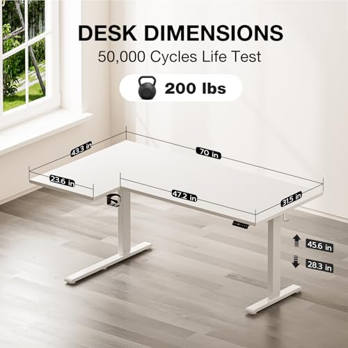 Image of Muvai 71 Inch L Shaped Standing Desk Adjustable Height with Cable Management Tray,Gaming Electric Corner Standing Desk, Sit Stand Computer Table with Reversiable Splice Board, White