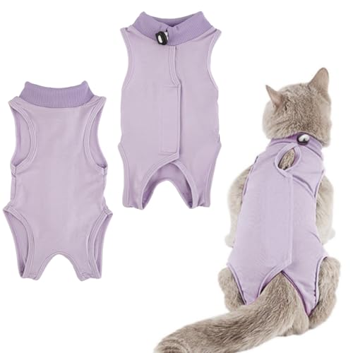 Cat Recovery Suit Post Surgery Onesie for Kitten Breathable Soft Anti Licking Cat Bodysuit Spay Surgical Recovery Clothes for Abdominal Wounds Skin Diseases Elizabethan Collar Alternative (Purple S)