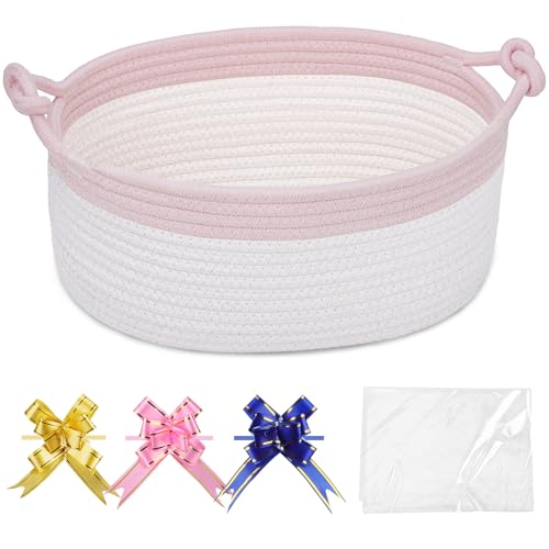 Image of COMSE Small Gift Basket Empty with Bag & Ribbons, Light Pink & White