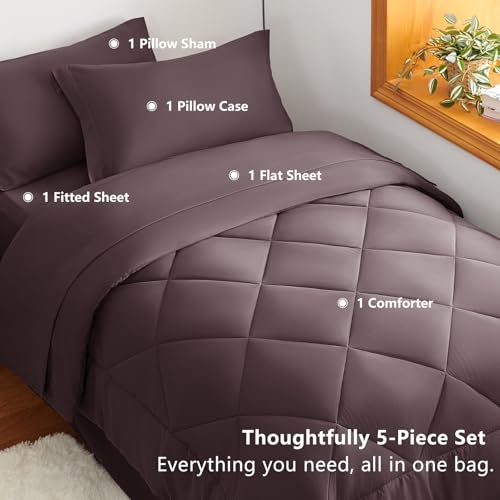 Image of CozyLux Twin XL Comforter Set Cocoa Powder - 5 Pieces Twin Extra Long Bed in a Bag for College Dorm, All Season Bedding Set for Girls and Boys, Soft Bed Set with Comforter, Sheets, Pillowcase & Sham