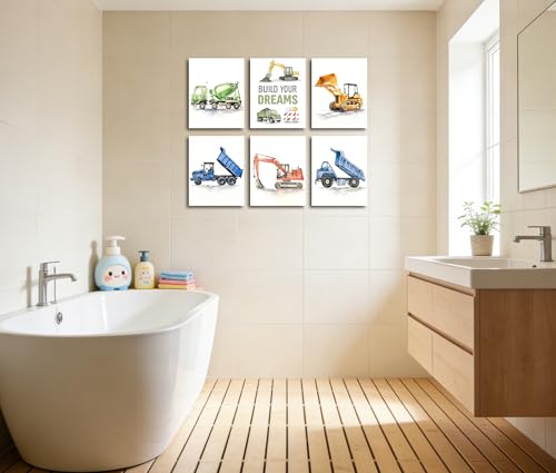 Image of Frimeeme Construction Vehicle Canvas Decor, Set of 6, 8x10 Inch | Boys Truck Wall Art, Watercolor Playroom Pictures, Unframed
