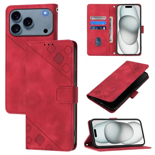 Étui pour iPhone 17 rouge à rabat en cuir avec sangle et rangement de cartes