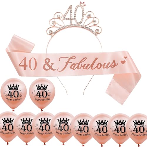 12 PCS 40th Birthday Sash Set Aesthetic 40th Birthday Decorations for Women with Crown Balloons Sash 40 & Fabulous Decoration for Women Beautiful Suitable for Use at Birthdays Parties