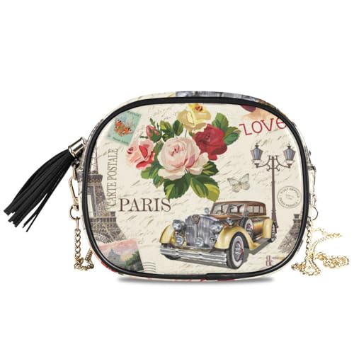 OTVEE Small Crossbody Bag Vintage Paris Retro Car Roses Womens Shoulder Chain Bag PU Leather Small Purse With Tassel
