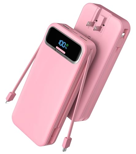 Image of Nusyddy Portable Charger 20000mAh 22.5W w /Built-in Cables & Wall Plug Pink | 22.5W Fast Charging, High Capacity, LED Display, Charge 5 Devices at once, TSA Approved, Compatible with iPhone /iPad /Samsung