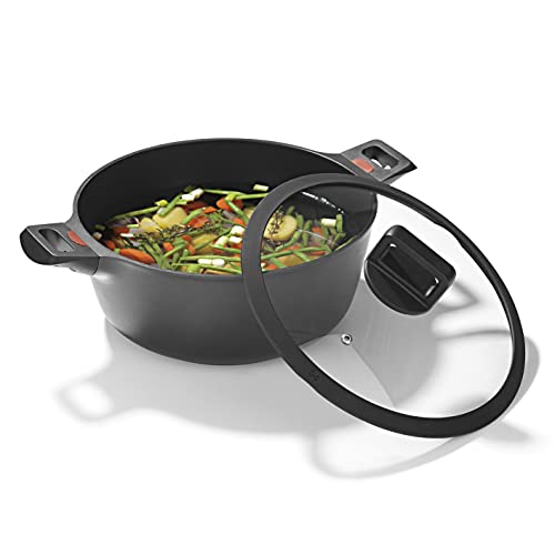 N8WERK Aluguss-Kochtopf mit Hitze Indikator ⌀28 cm, 6,0 Liter | Farbwechsel-Temperaturanzeige, Deckel mit Silikon-Umrandung, 3-fach Ilag Ultimate Versiegelung | Alle Herdarten, auch Induktion
